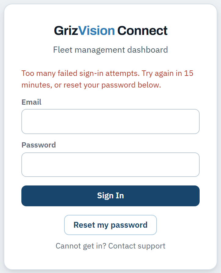 The sign-in page after too many failed attempts, showing a message that the account is locked and how many minutes remain, with a Reset my password button.
