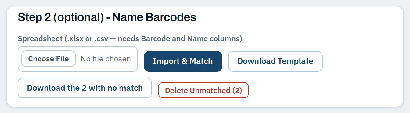 Step 2 of the Upload Videos page: a Choose File control reading No file chosen, and buttons reading Import and Match, Download Template, Download the 2 with no match, and a red Delete Unmatched.